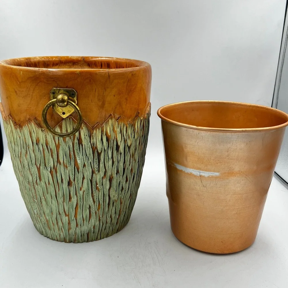 Vintage Carved Wood Wine Champagne Cooler Aldo Tura Style Metal Liner MCM‎